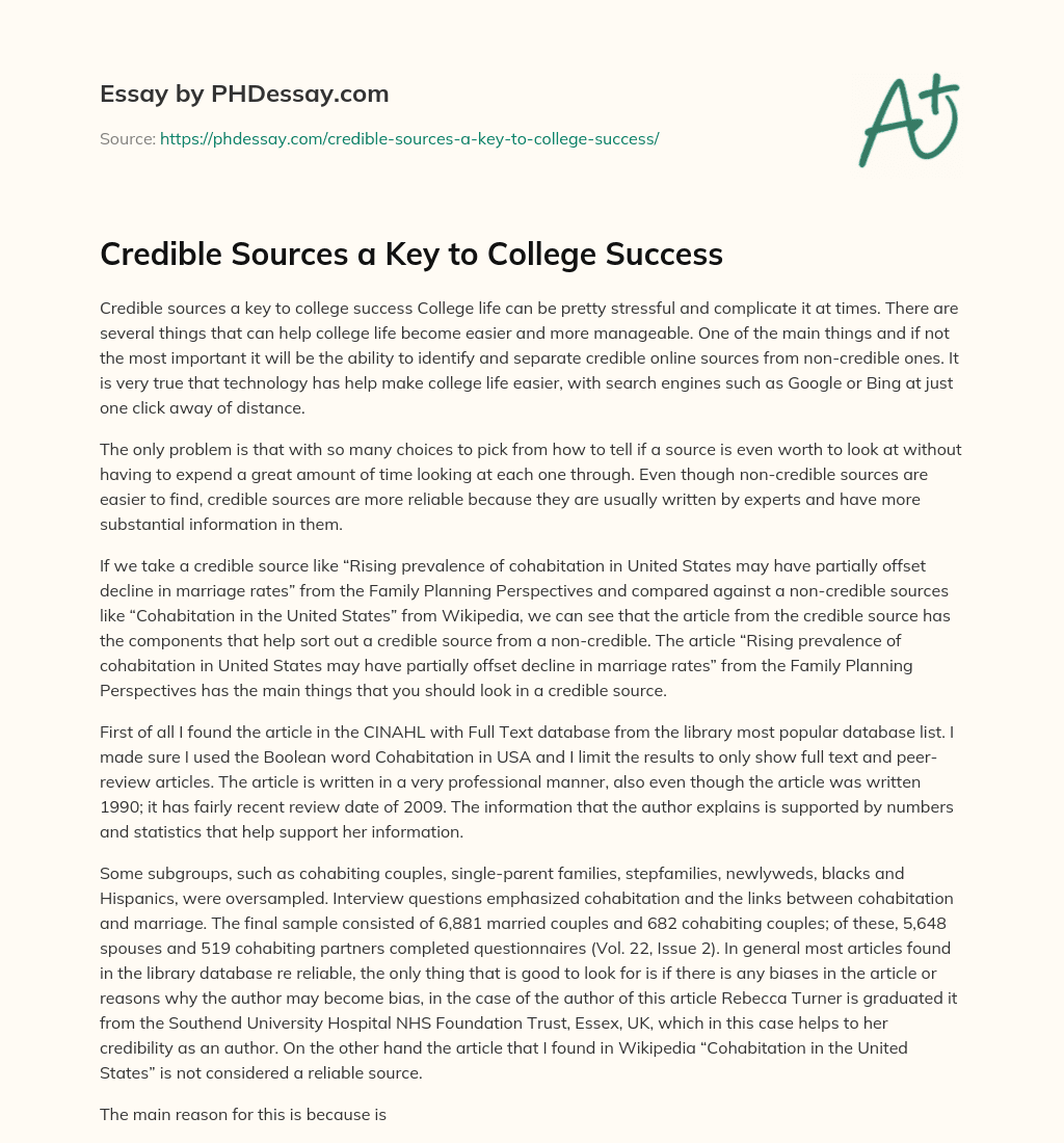Credible Sources a Key to College Success essay