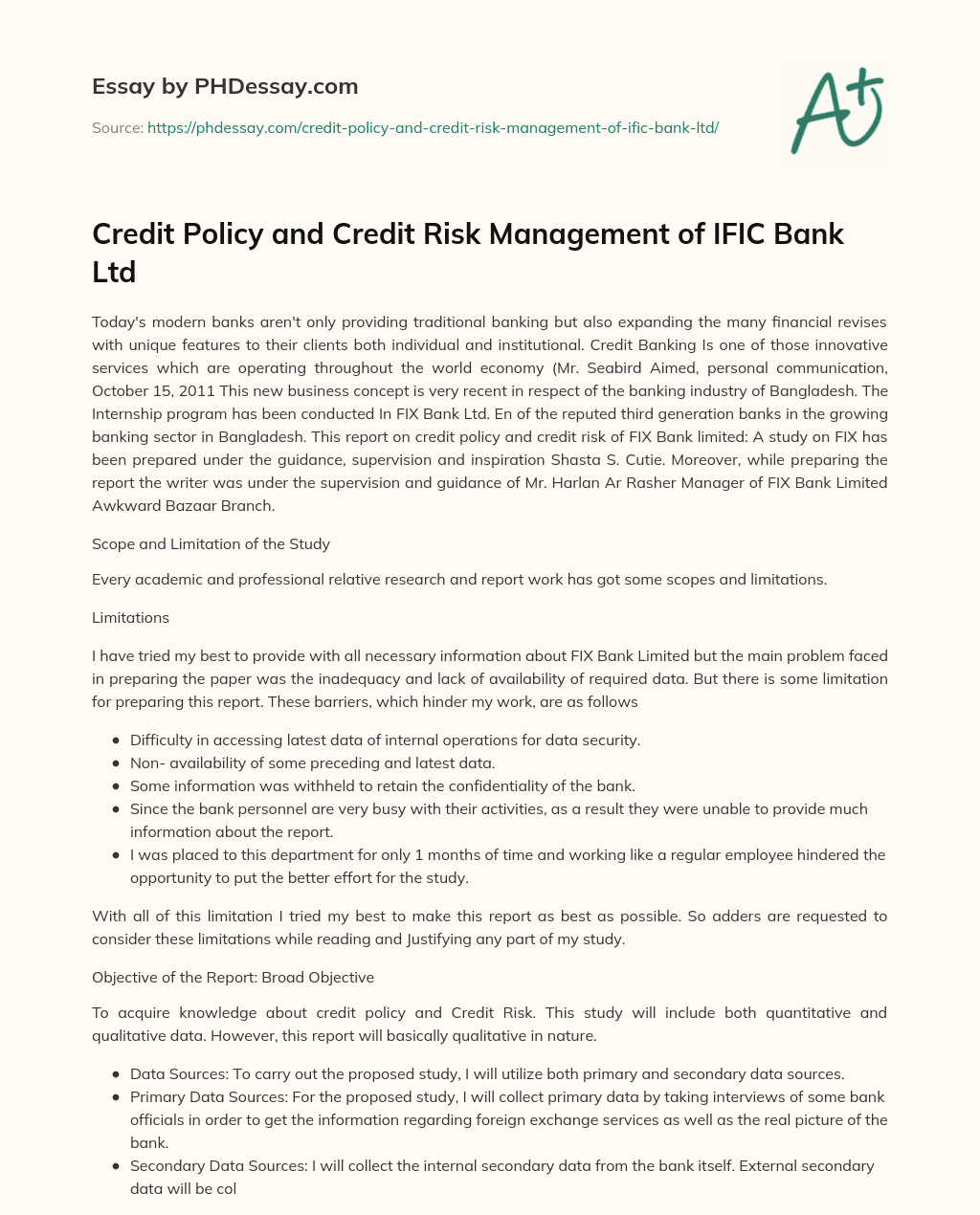 Credit Policy and Credit Risk Management of IFIC Bank Ltd essay