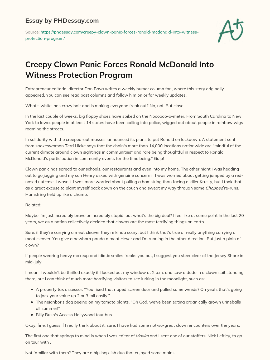 Creepy Clown Panic Forces Ronald McDonald Into Witness Protection Program essay