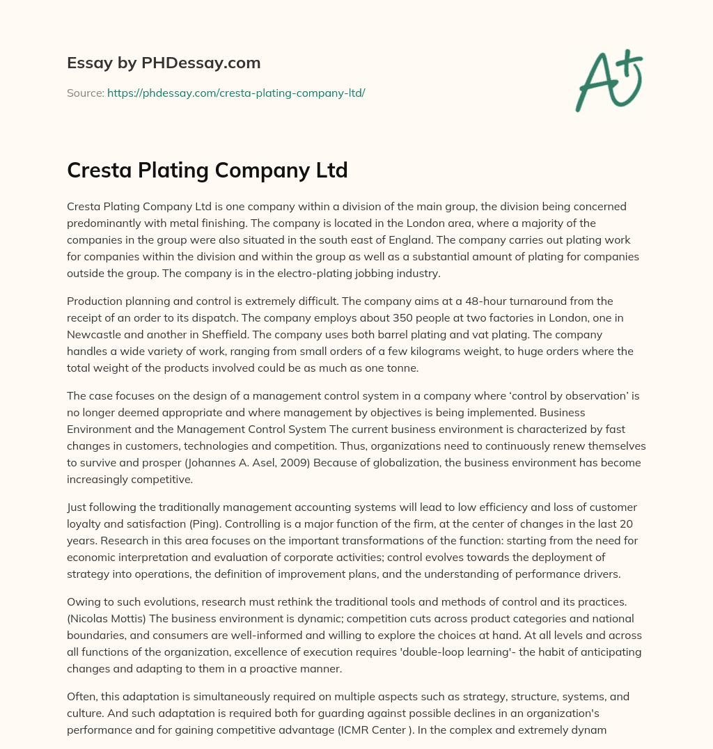 Cresta Plating Company Ltd essay