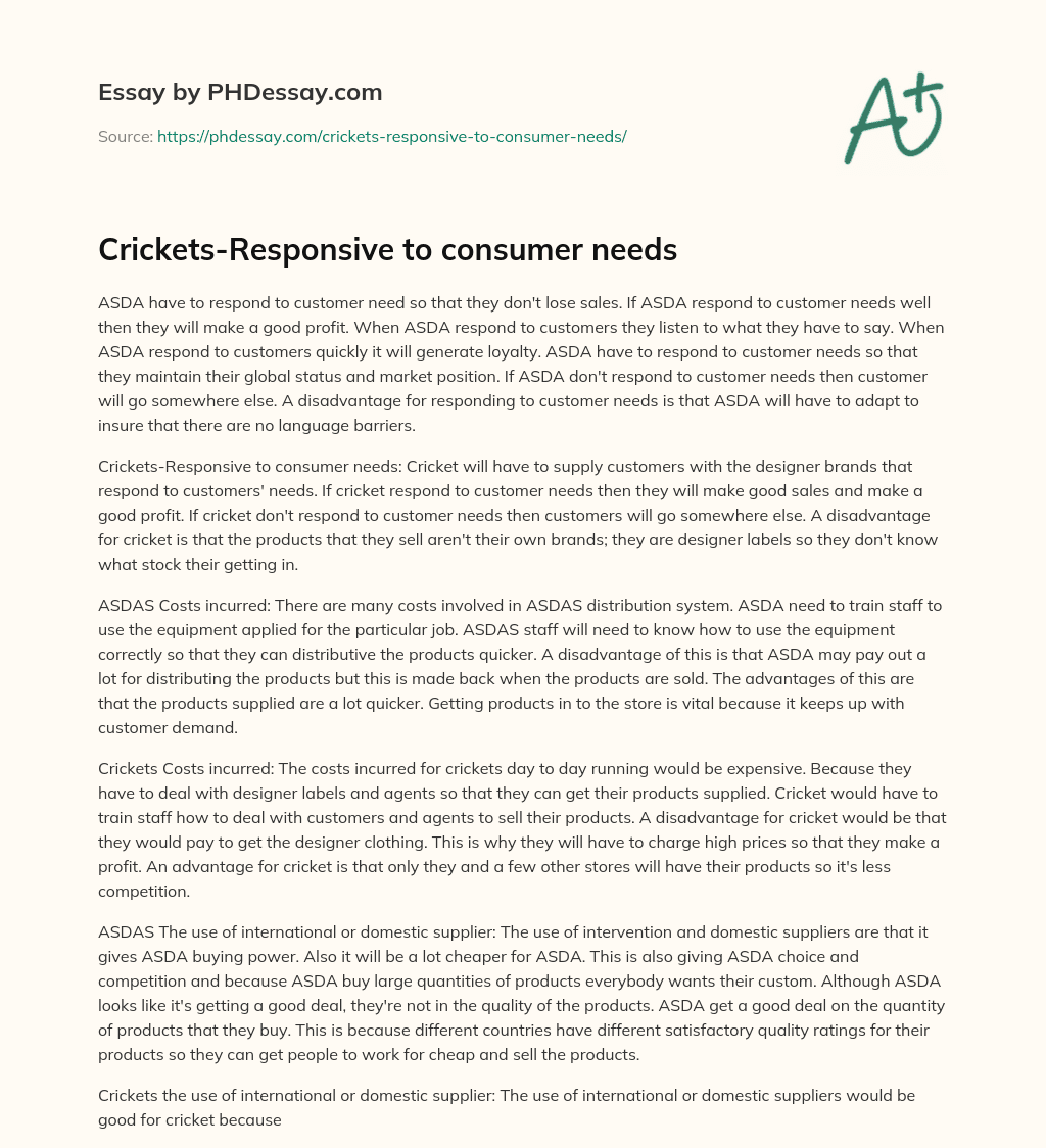 Crickets-Responsive to consumer needs essay