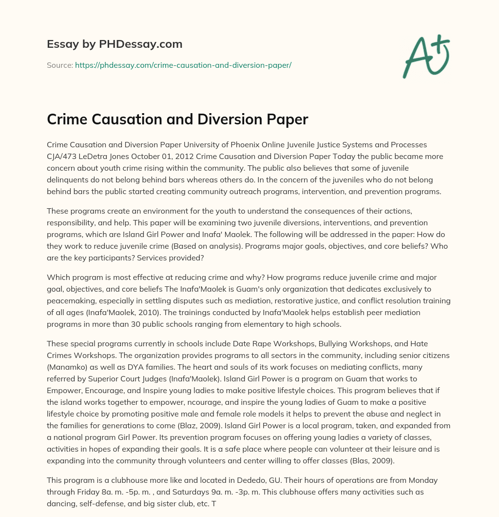 Crime Causation and Diversion Paper essay