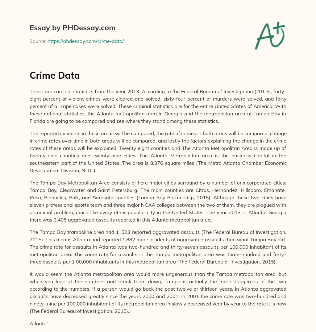 Comparing Criminal Statistics: Atlanta and Tampa Bay Metropolitan Areas in 2013 essay