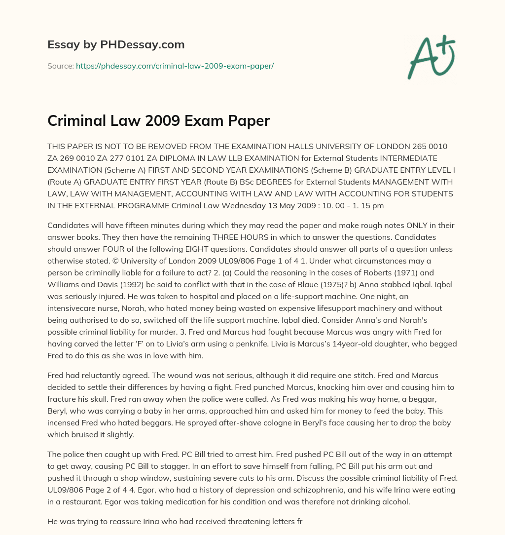 Criminal Law 2009 Exam Paper essay