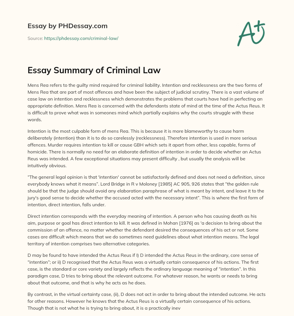 Essay Summary of Criminal Law essay