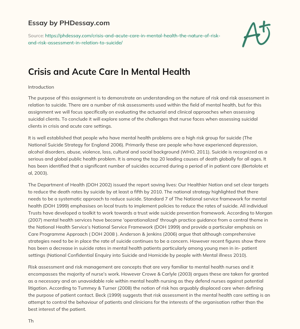 Crisis and Acute Care In Mental Health essay