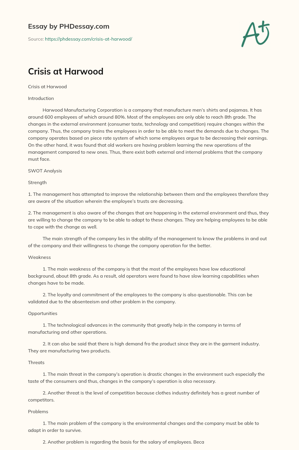 Crisis at Harwood essay