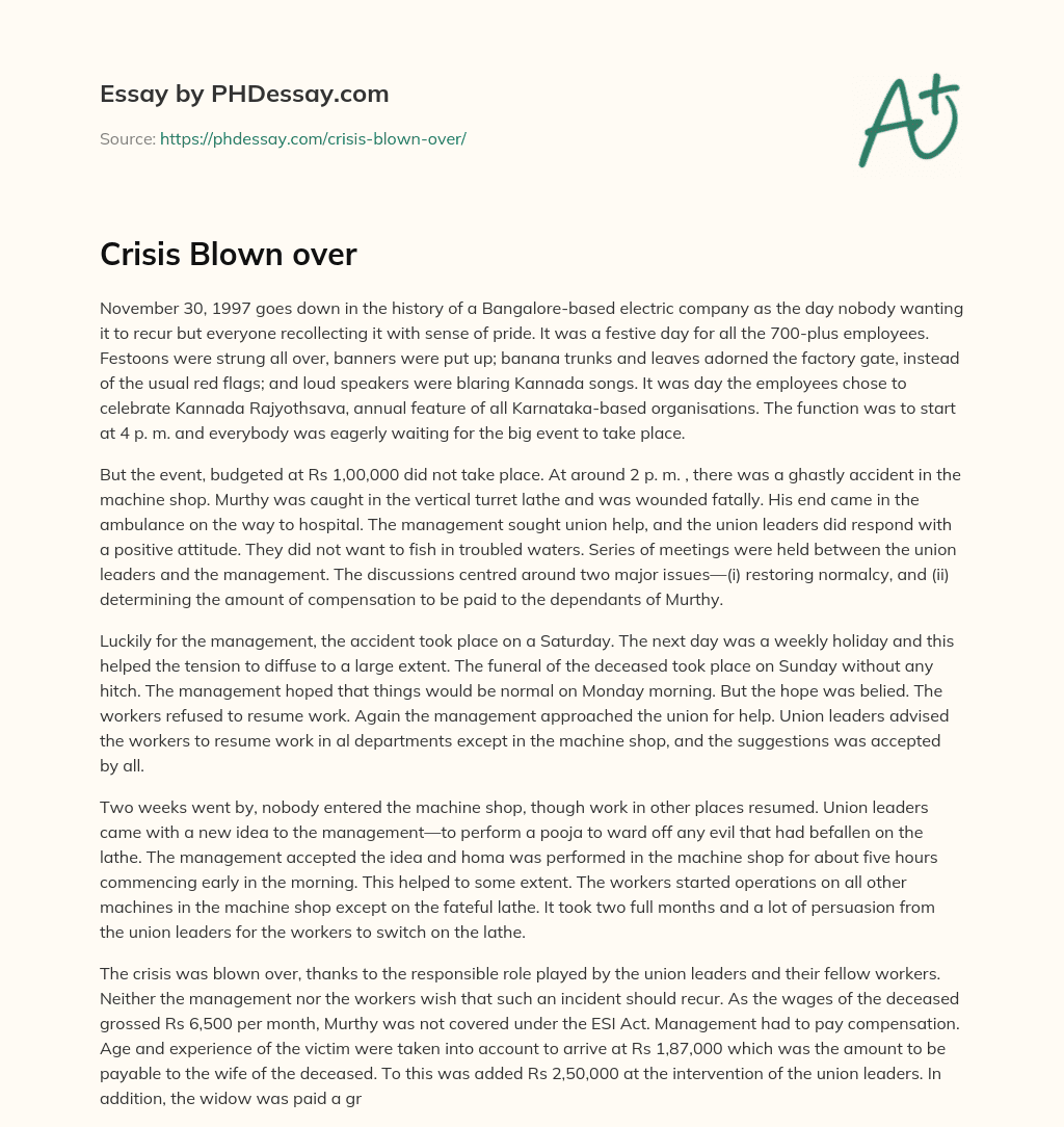 Crisis Blown over essay