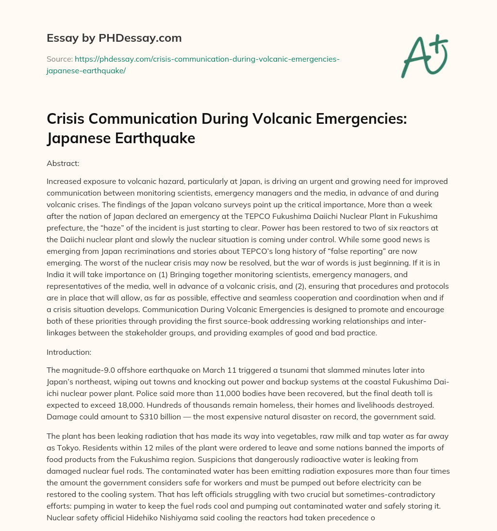 Crisis Communication During Volcanic Emergencies: Japanese Earthquake essay