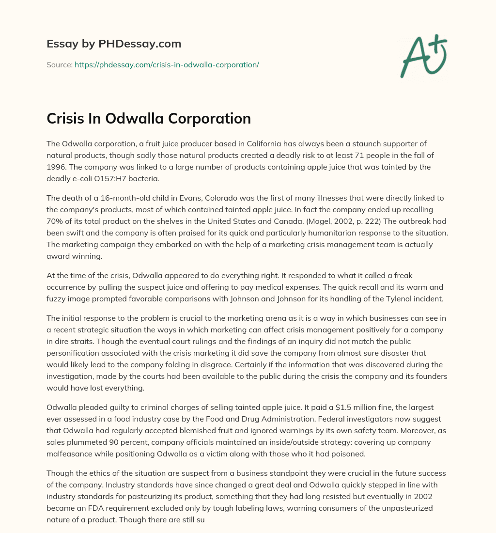 Crisis In Odwalla Corporation essay