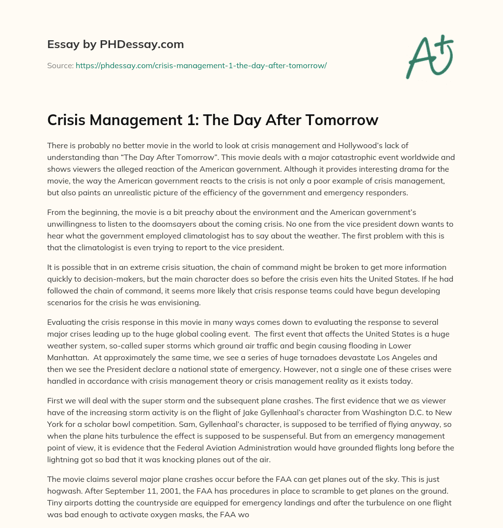 Crisis Management 1: The Day After Tomorrow essay