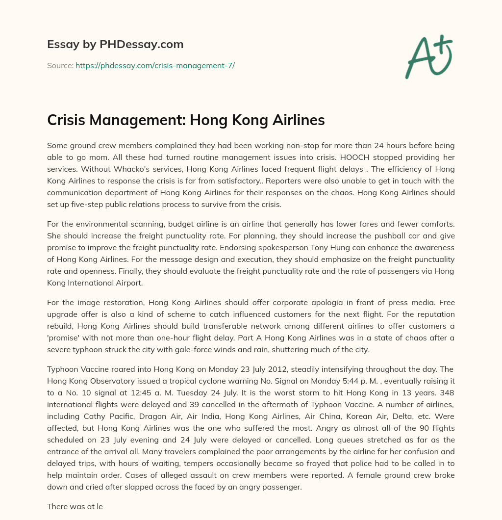 Crisis Management: Hong Kong Airlines essay