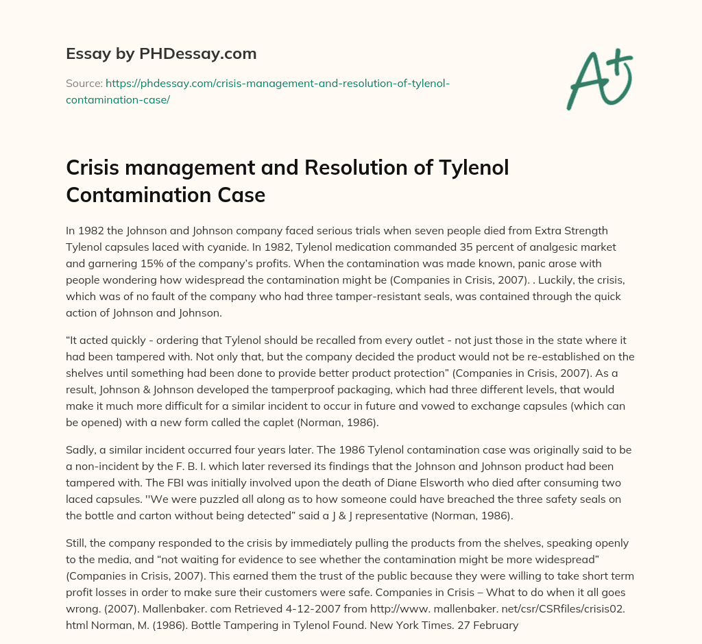 Crisis management and Resolution of Tylenol Contamination Case essay
