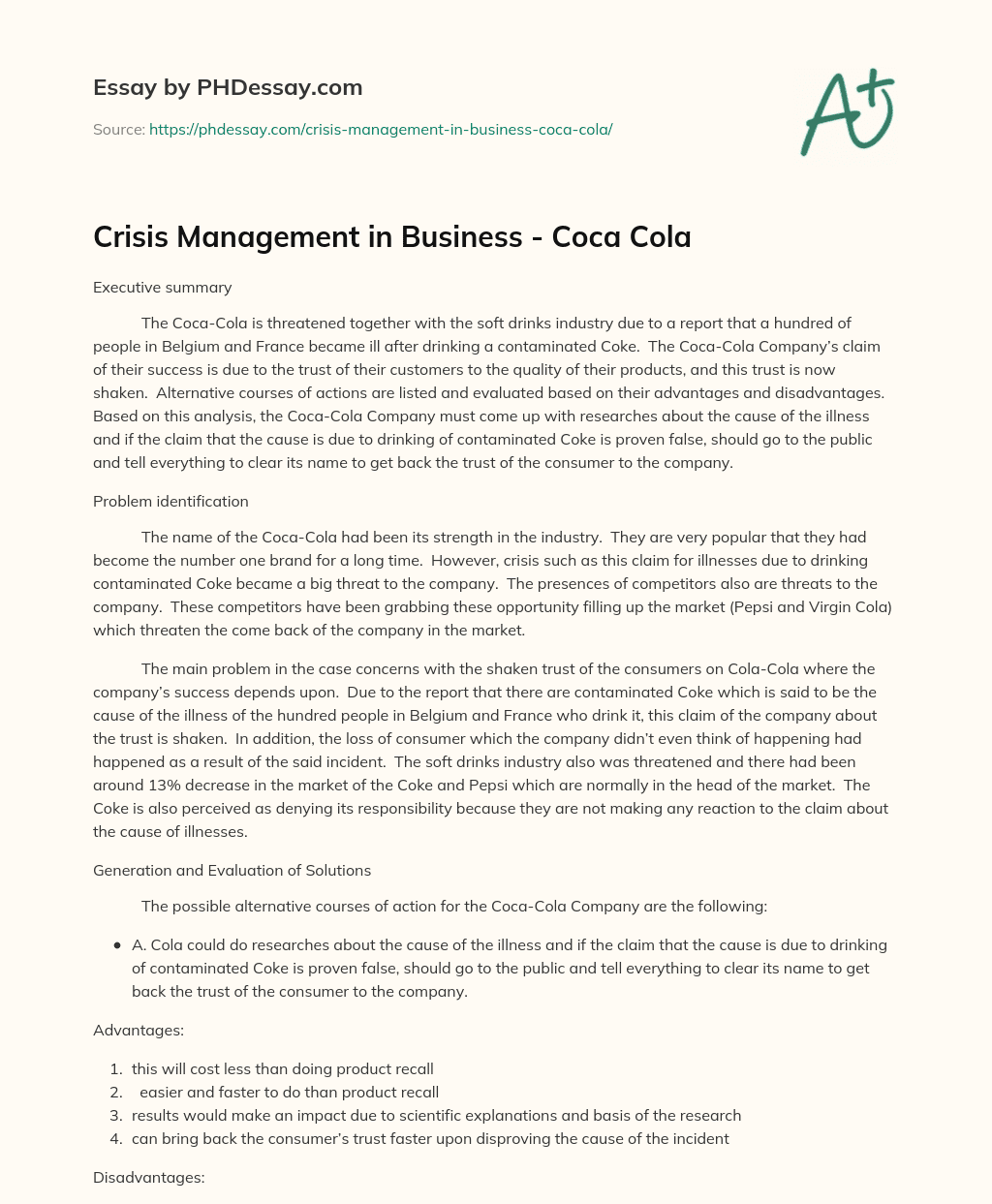 case study coca cola pr crisis management