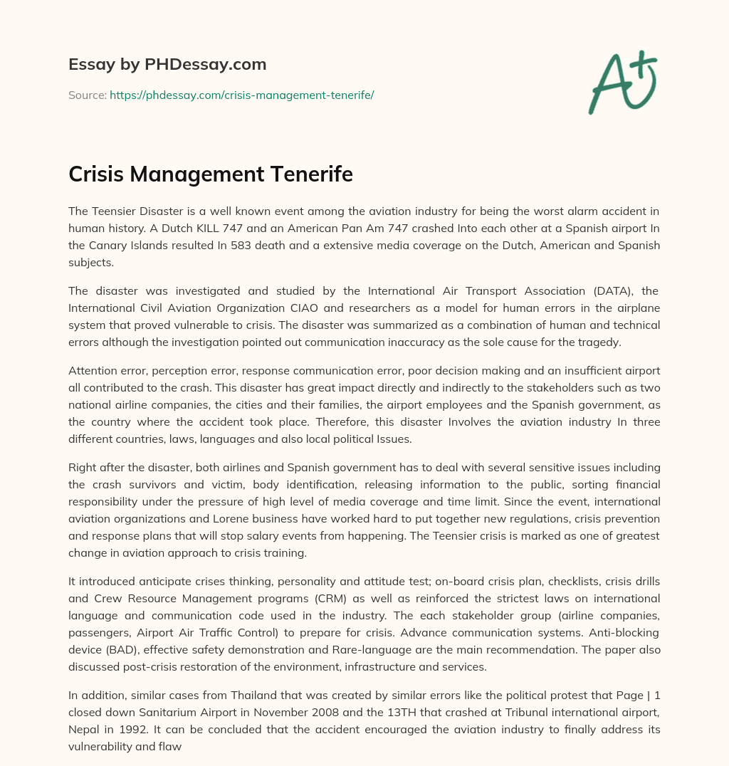 Crisis Management Tenerife essay