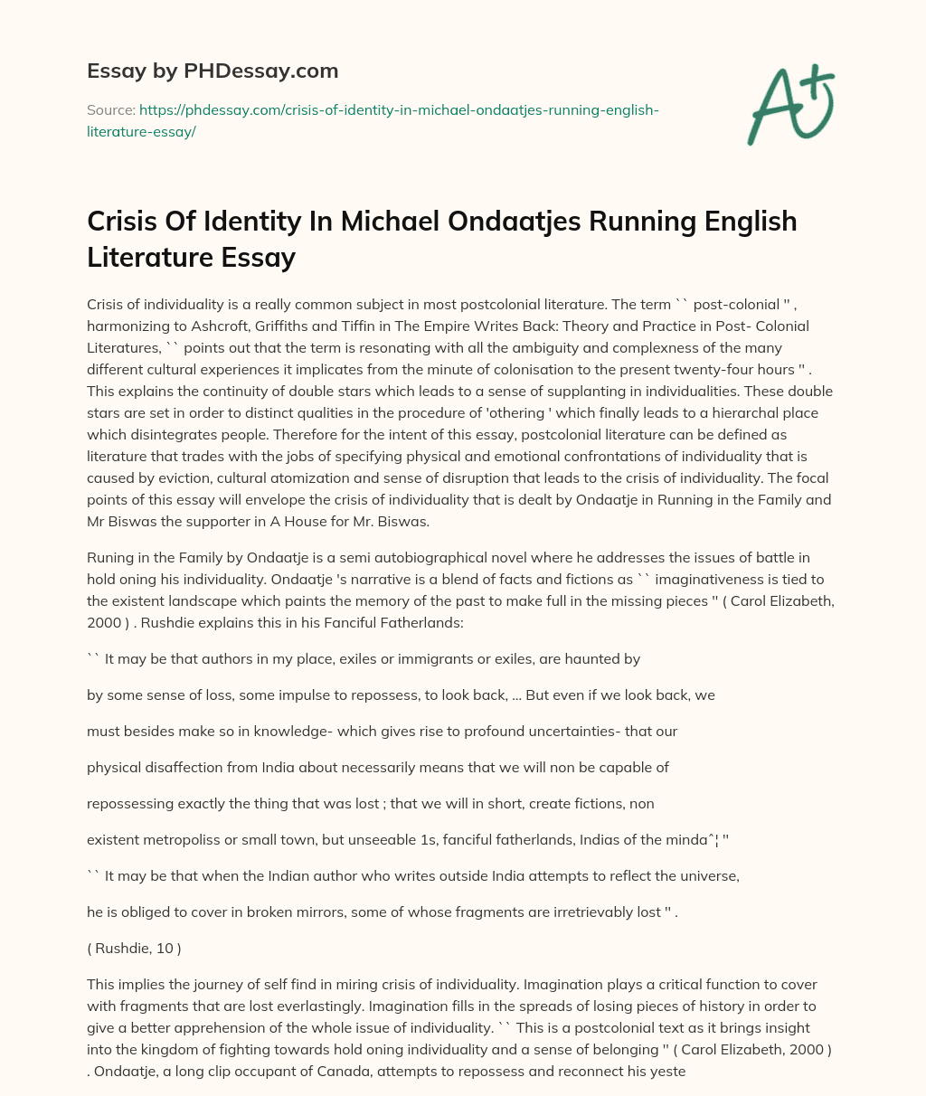 Crisis Of Identity In Michael Ondaatjes Running English Literature Essay essay