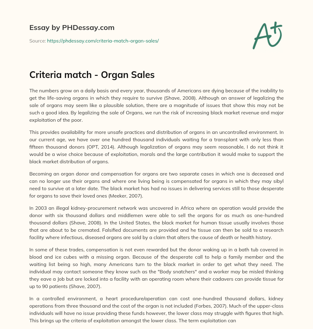 Criteria match – Organ Sales essay