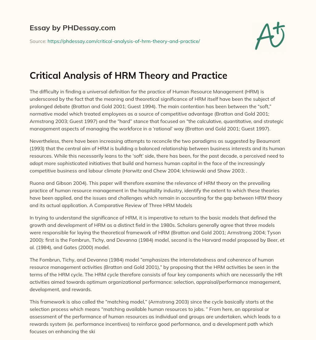 Critical Analysis of HRM Theory and Practice essay