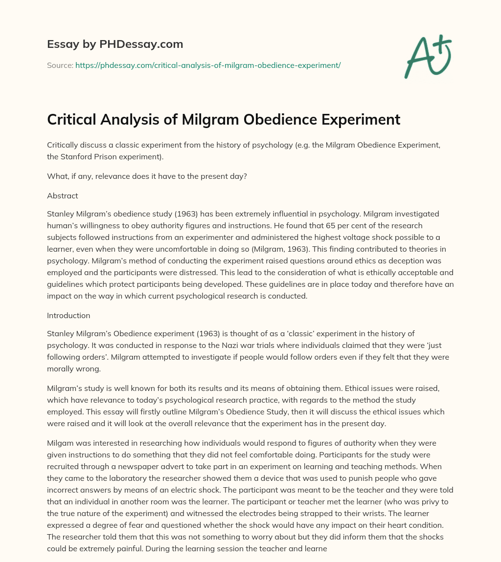 analysis of milgram obedience experiment