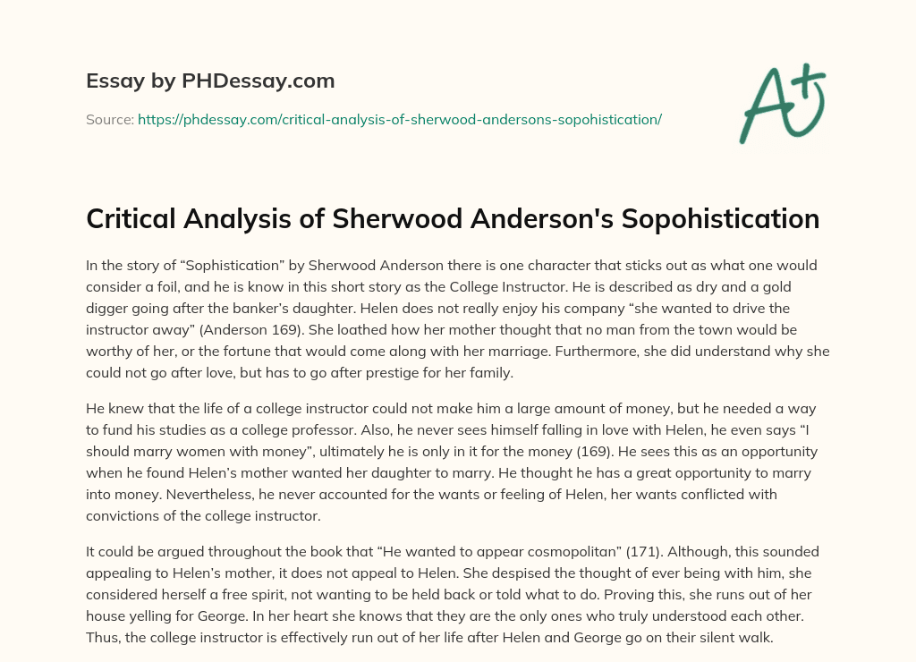 Critical Analysis of Sherwood Anderson’s Sopohistication essay