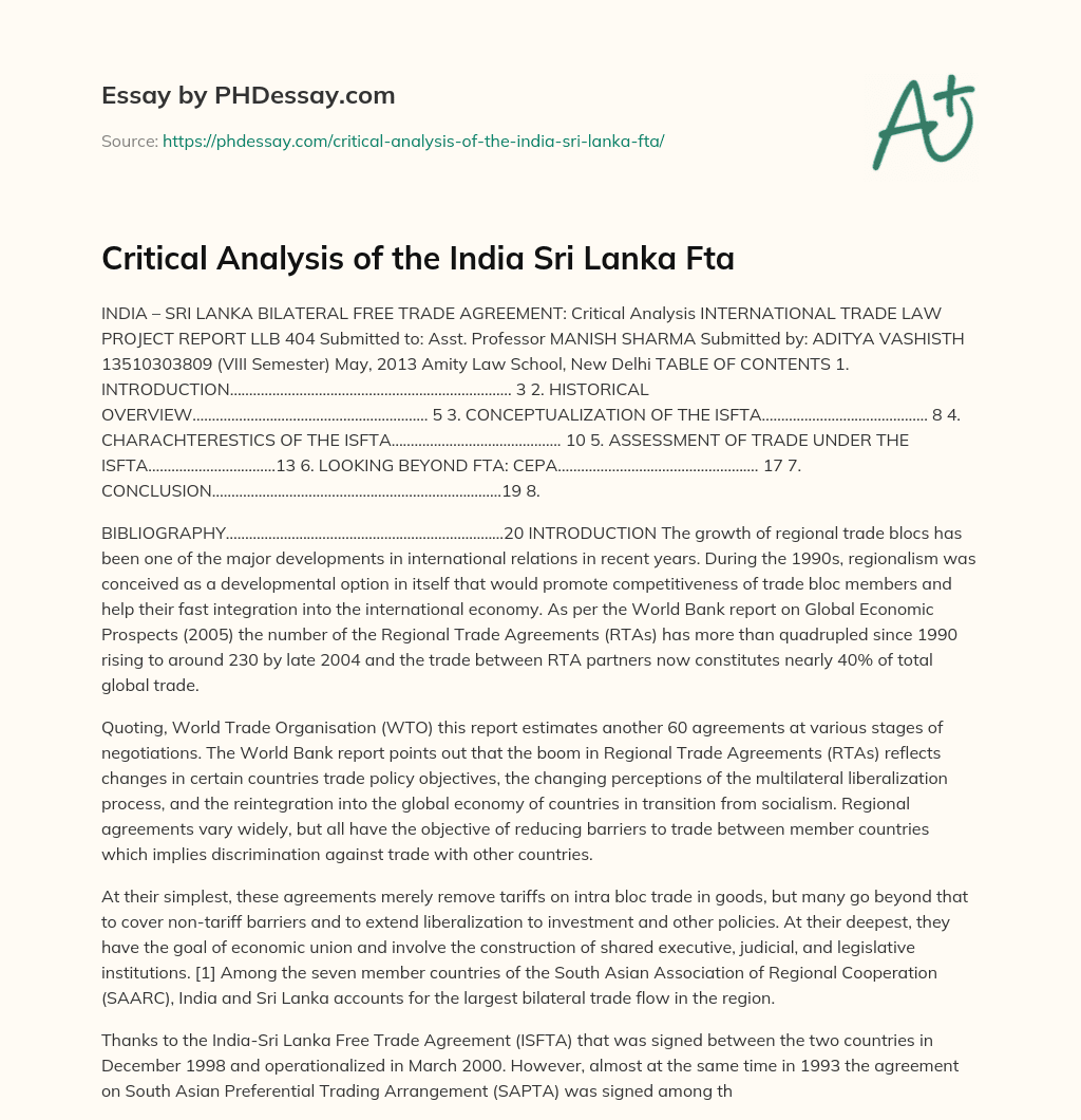 Critical Analysis of the India Sri Lanka Fta essay