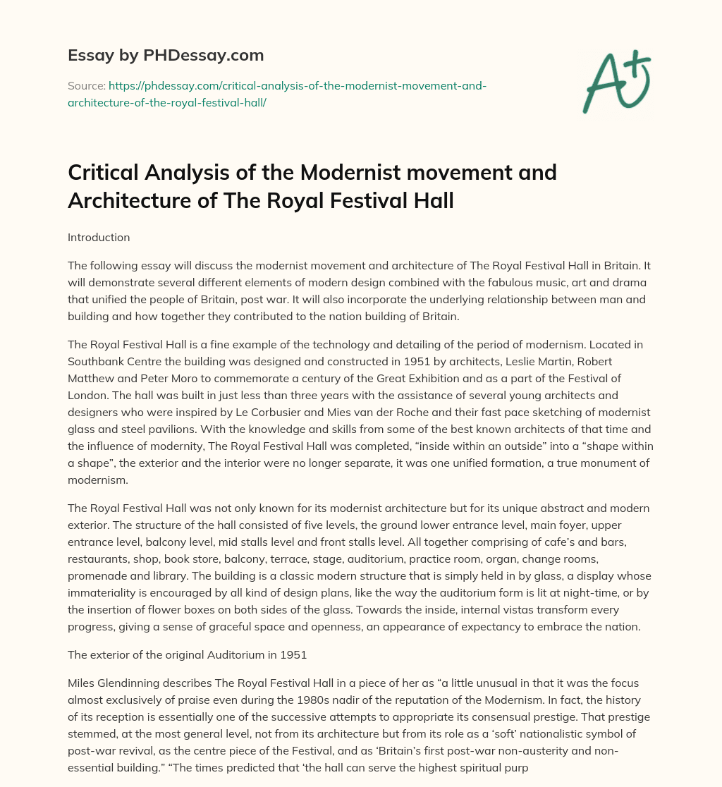 Critical Analysis of the Modernist movement and Architecture of The Royal Festival Hall essay