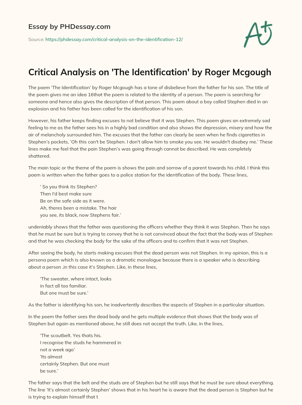 Critical Analysis on ‘The Identification’ by Roger Mcgough essay