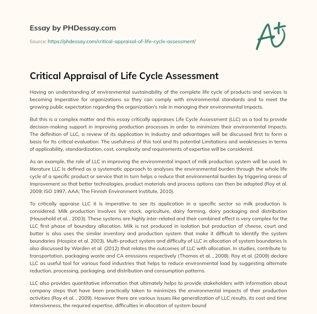 Critical Appraisal of Life Cycle Assessment essay