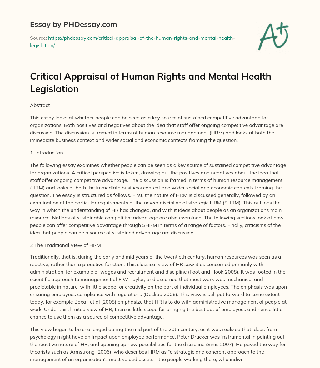Critical Appraisal of Human Rights and Mental Health Legislation essay