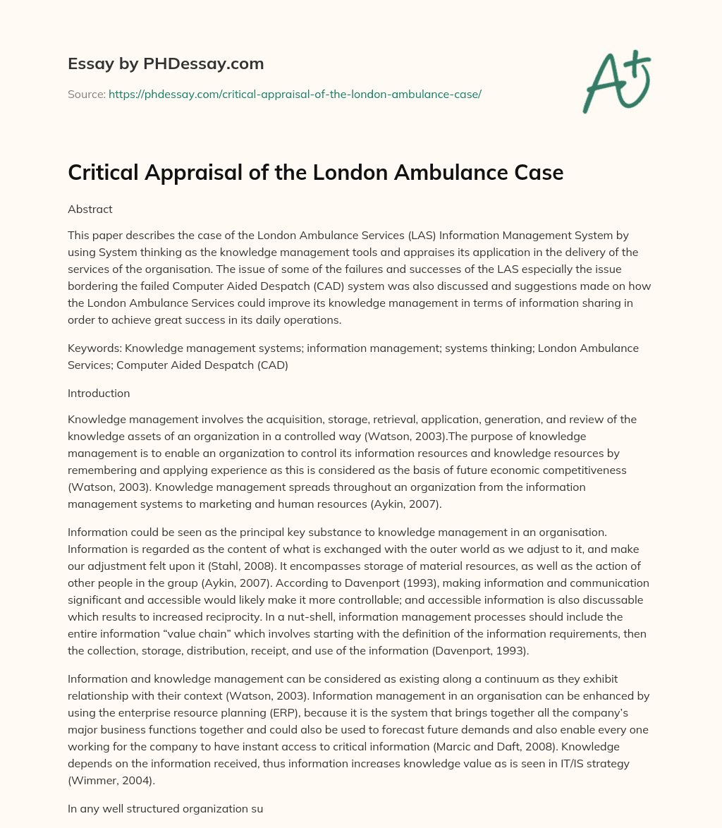 Critical Appraisal of the London Ambulance Case essay