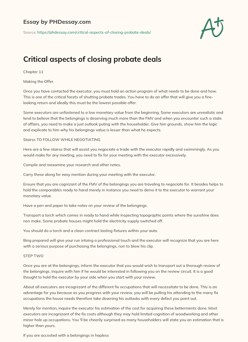 Critical aspects of closing probate deals essay