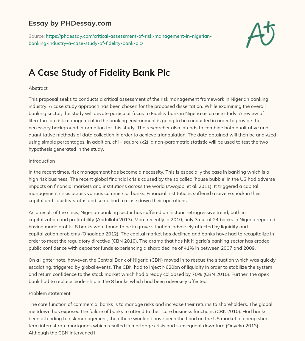 A Case Study of Fidelity Bank Plc essay