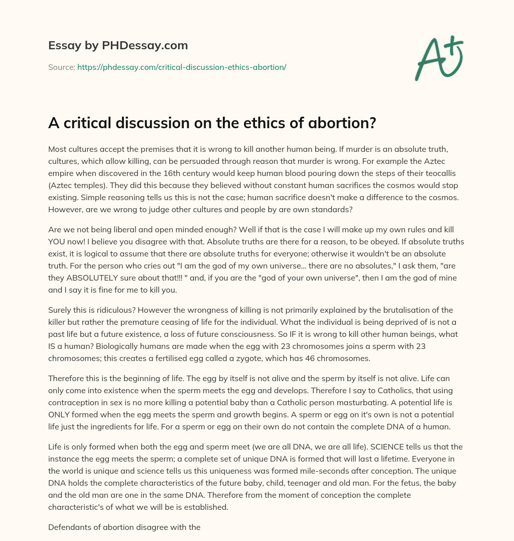 A critical discussion on the ethics of abortion? essay