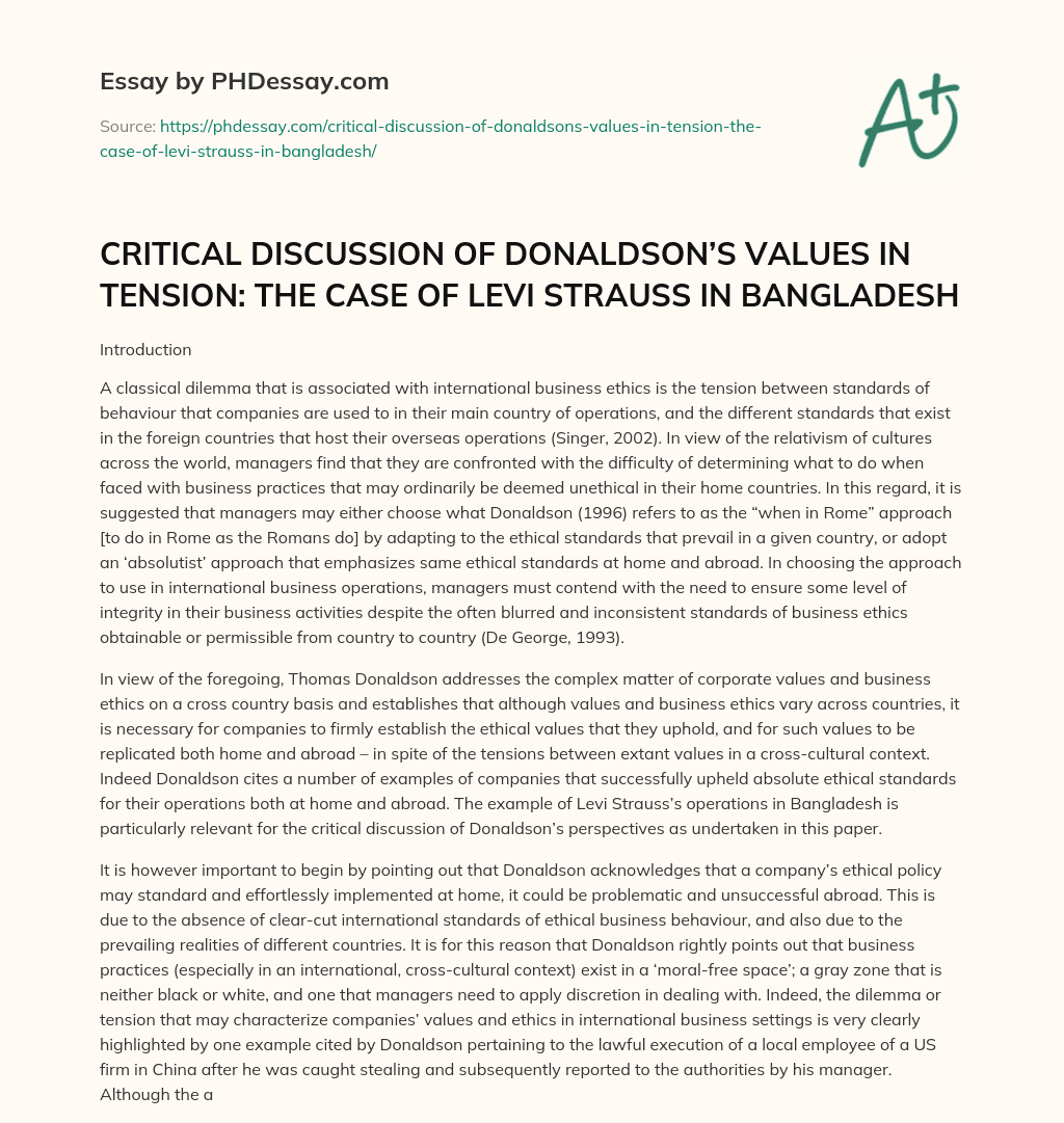 CRITICAL DISCUSSION OF DONALDSON’S VALUES IN TENSION: THE CASE OF LEVI STRAUSS IN BANGLADESH essay