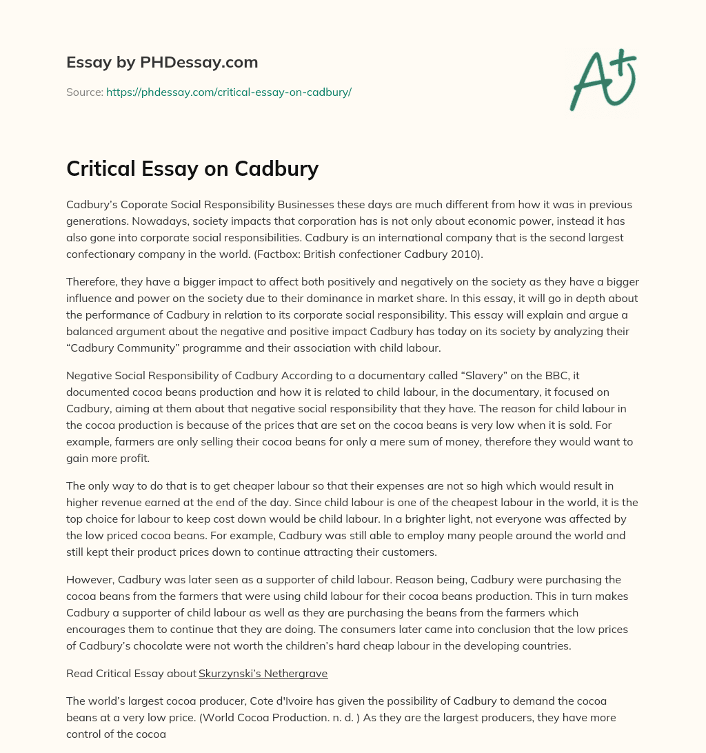 Critical Essay on Cadbury essay