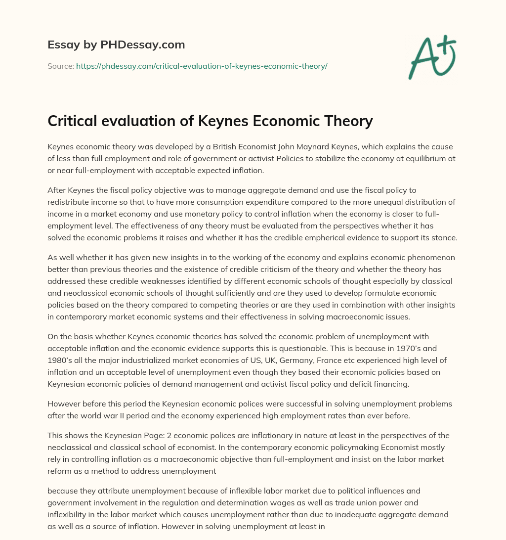 Critical evaluation of Keynes Economic Theory essay
