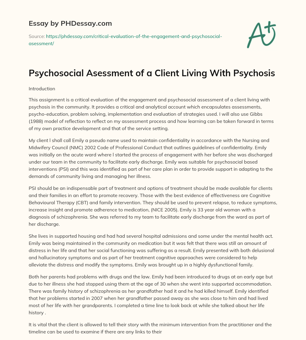 Psychosocial Asessment of a Client Living With Psychosis essay