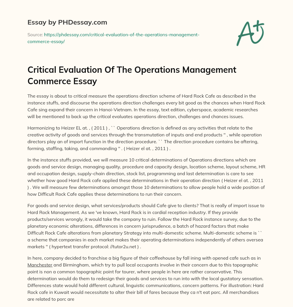Critical Evaluation Of The Operations Management Commerce Essay essay