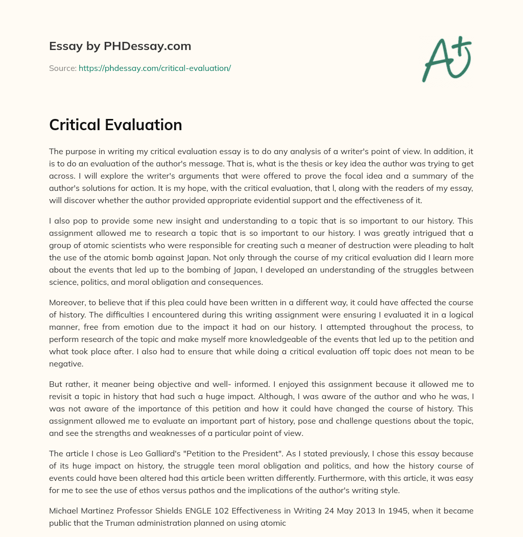 Critical Evaluation essay