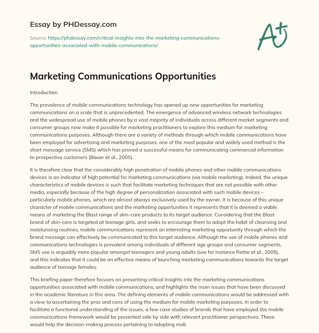Marketing Communications Opportunities essay
