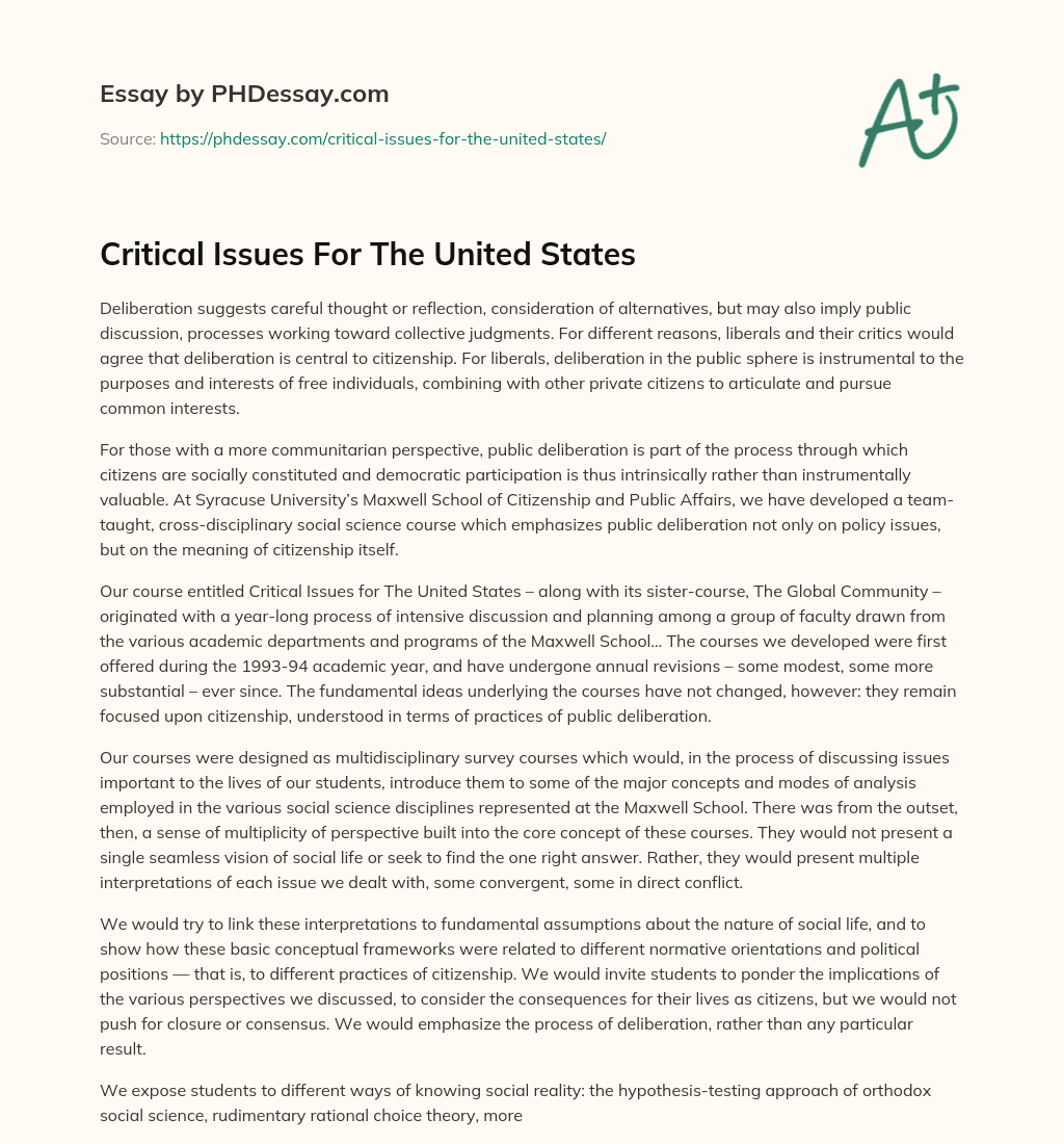 Critical Issues For The United States essay