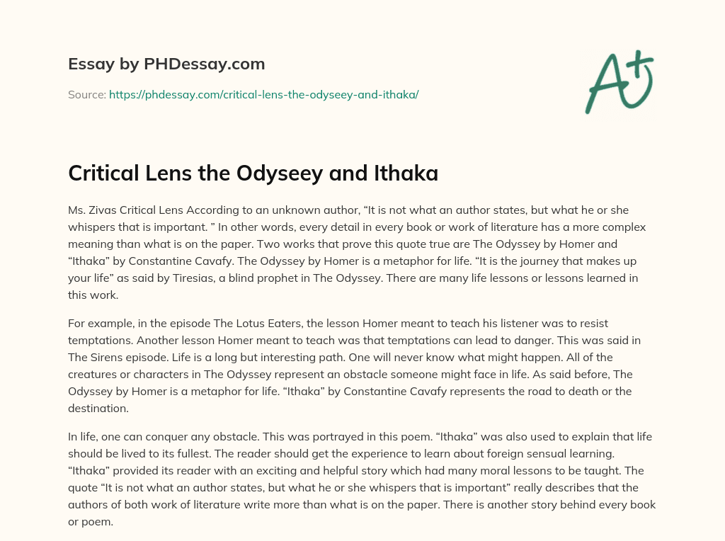 Critical Lens the Odyseey and Ithaka essay