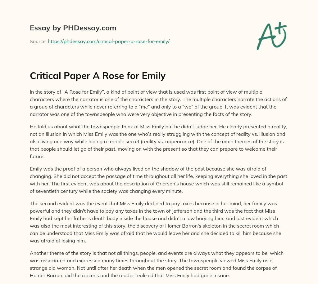 Critical Paper A Rose For Emily 400 Words PHDessay