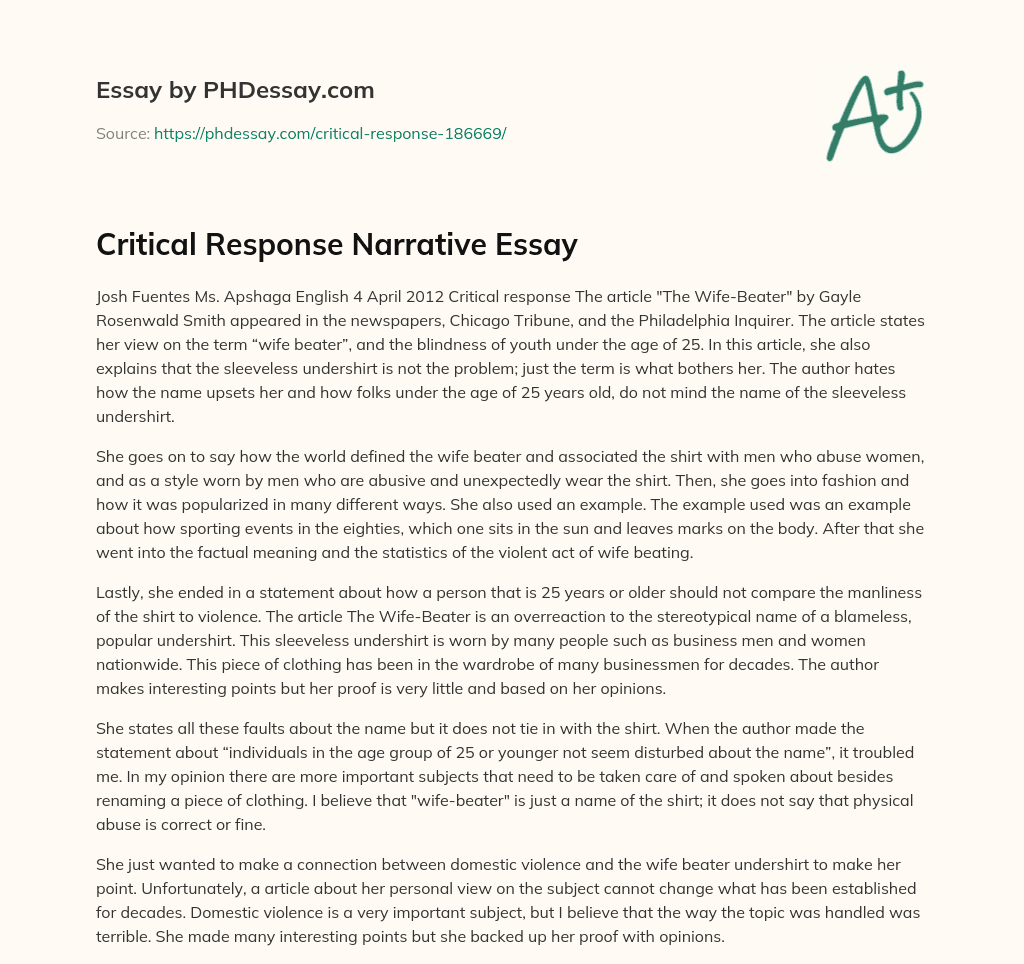 Critical Response Narrative Essay essay