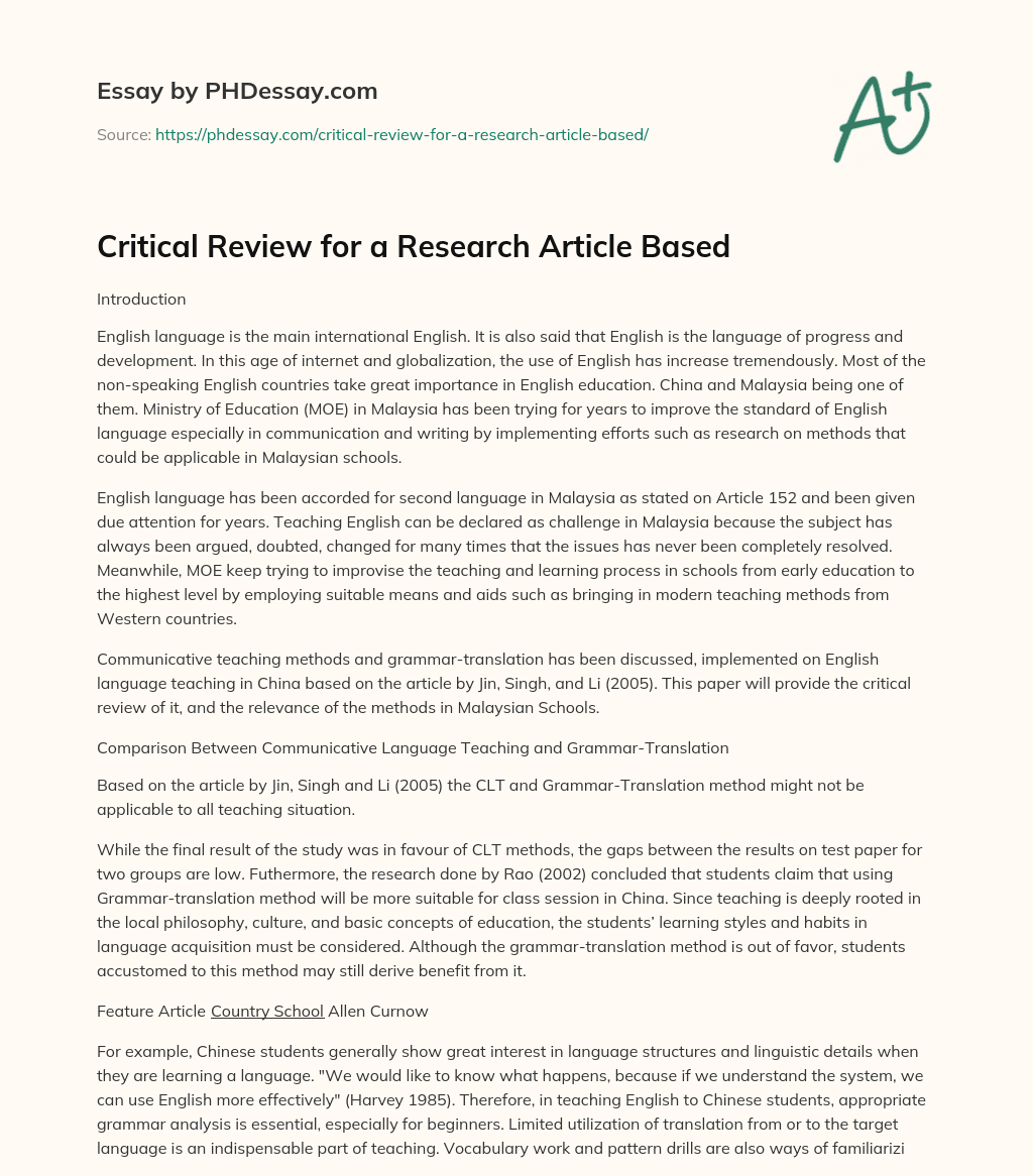 Critical Review for a Research Article Based essay
