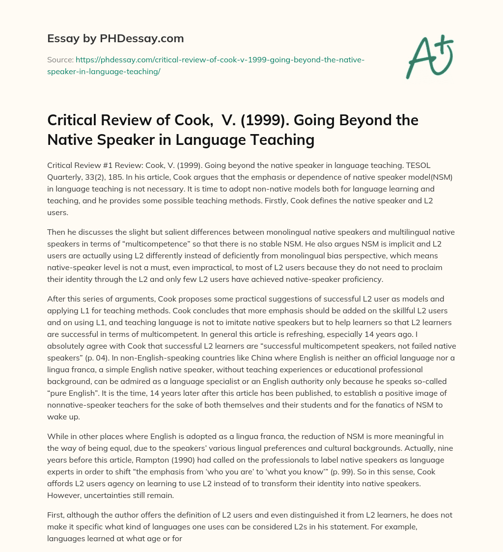 Critical Review of Cook,  V. (1999). Going Beyond the Native Speaker in Language Teaching essay
