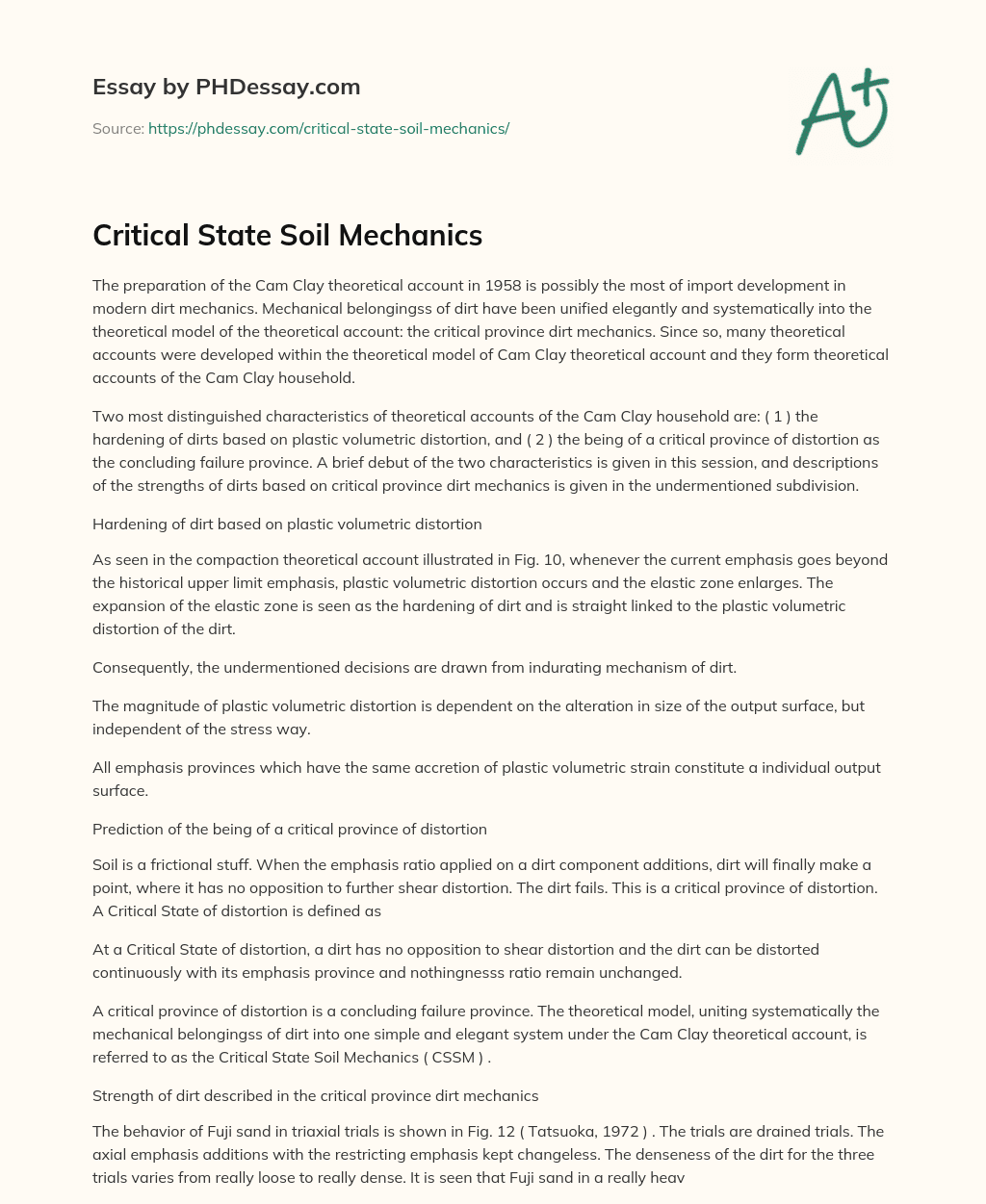 Critical State Soil Mechanics essay