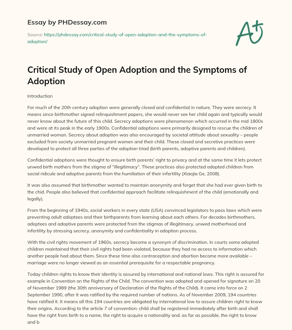Critical Study of Open Adoption and the Symptoms of Adoption essay