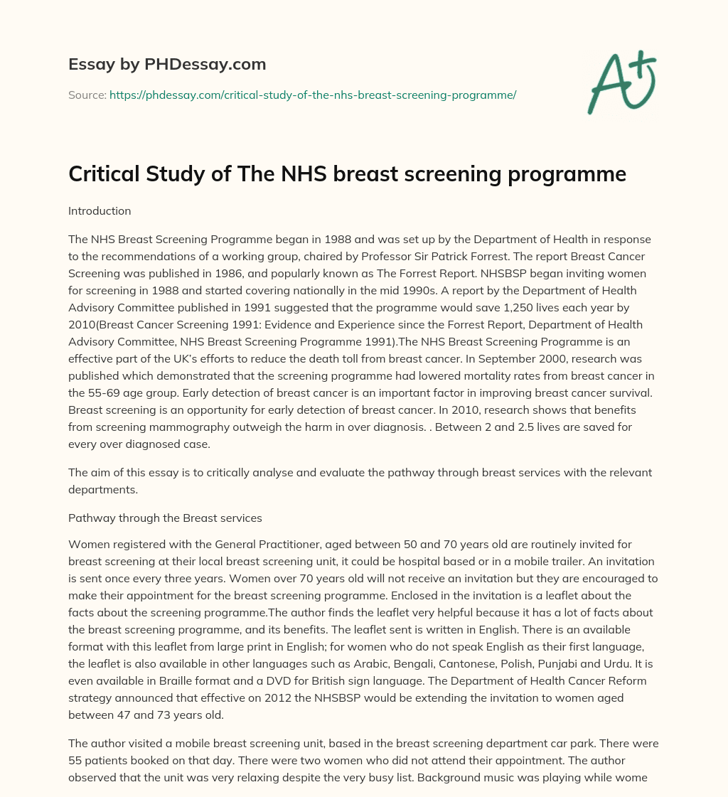Critical Study of The NHS breast screening programme essay