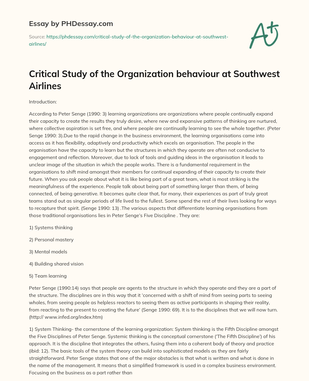 Critical Study of the Organization behaviour at Southwest Airlines essay